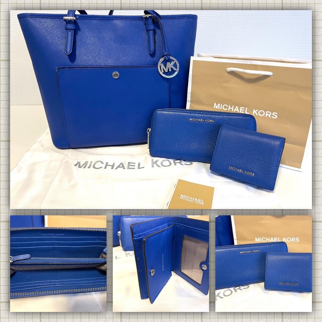 🌹Michael Kors shopper/tas, leer, 2x portemonnee, Ophalen of Verzenden, Zo goed als nieuw, Blauw, Handtas
