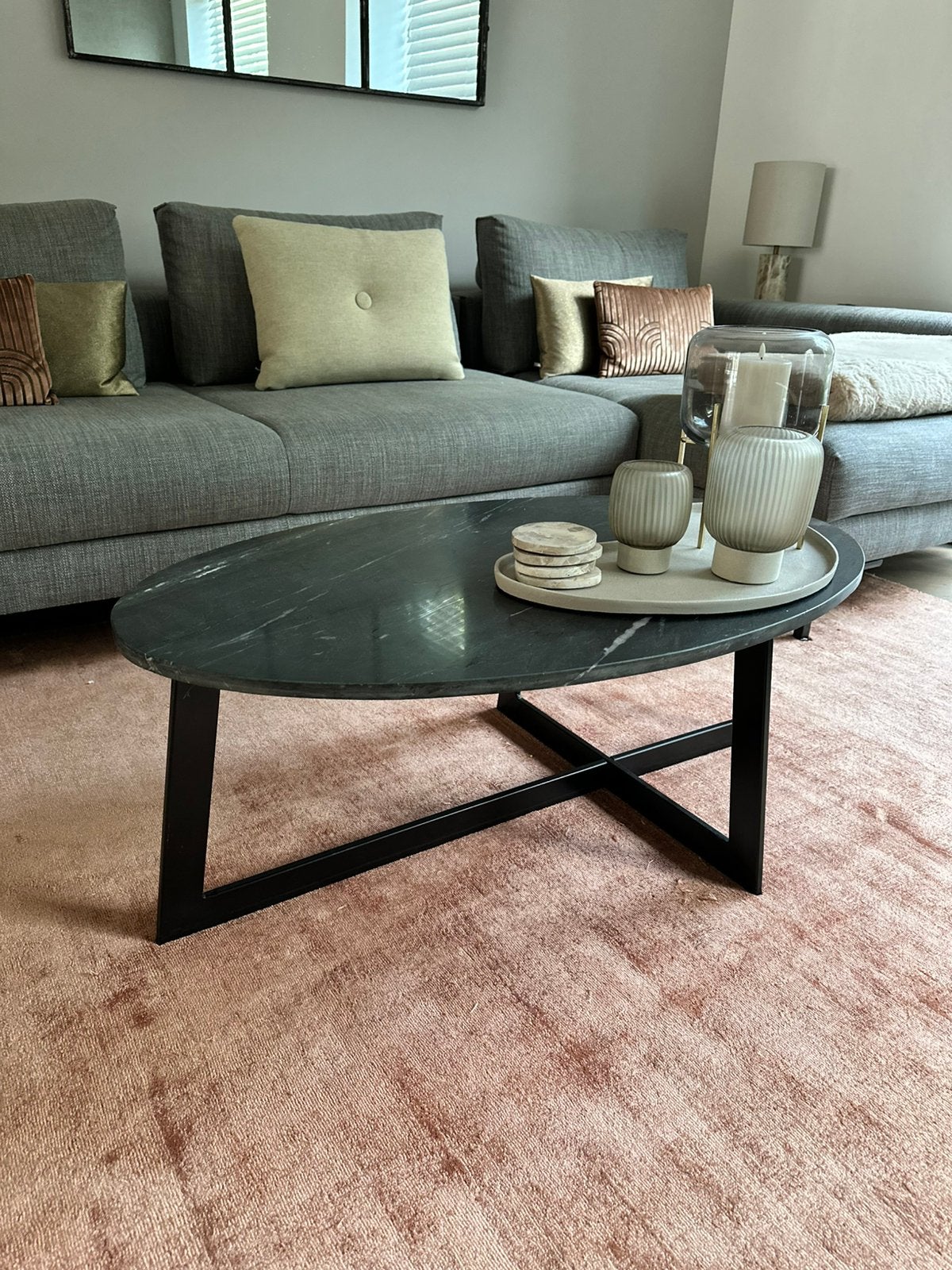 Ovaal marmeren salontafel zwart japandi, Ophalen, Gebruikt, 50 tot 100 cm, 50 tot 100 cm