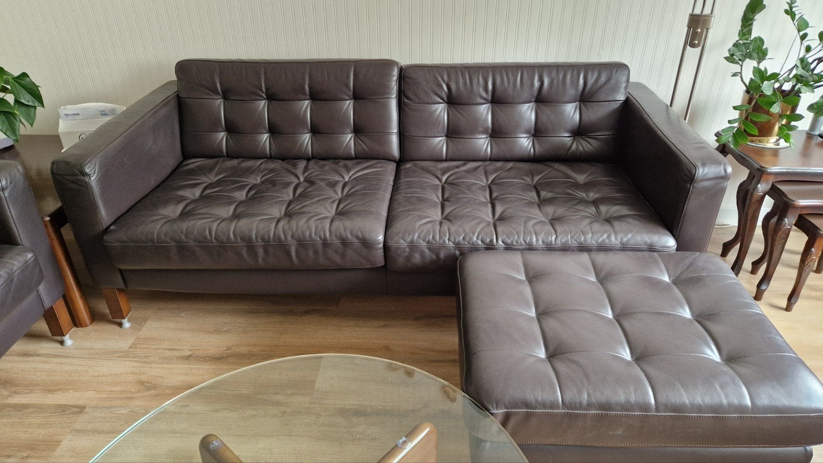 Leren zitsbank met hocker, Ophalen, Gebruikt, 150 tot 200 cm, Rechte bank
