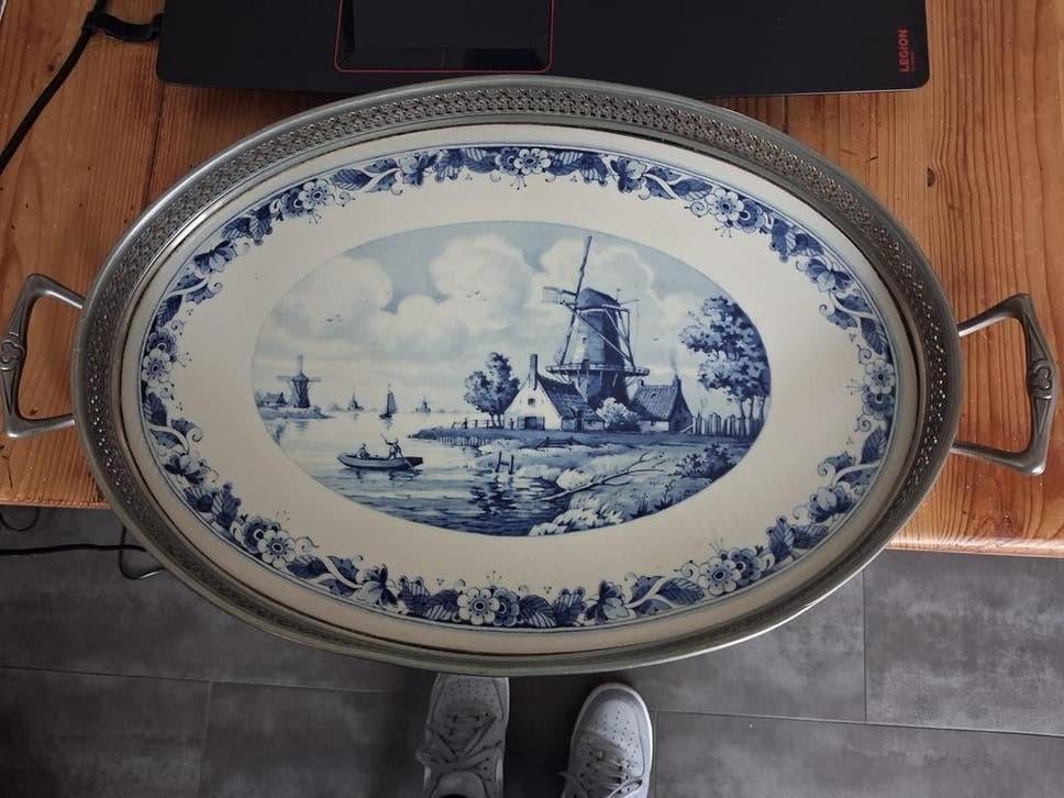 Antiek Delfts Blauw Dienblad met Molenlandschap, Ophalen of Verzenden