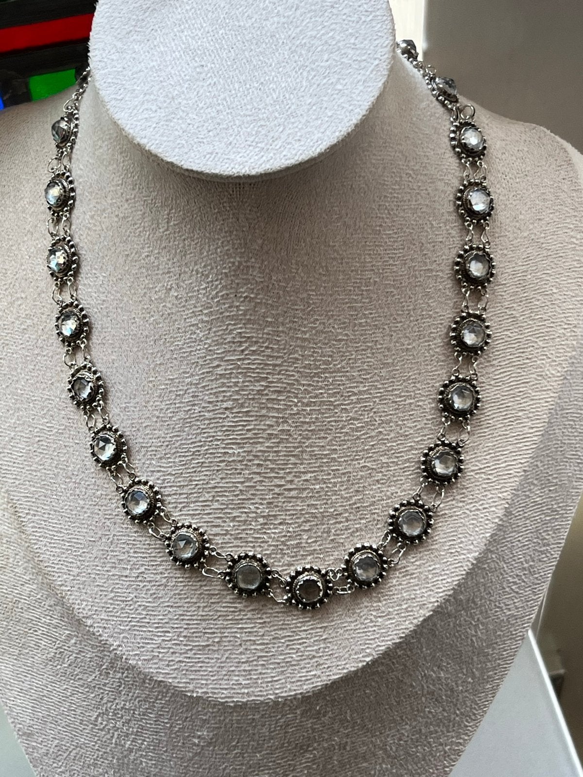 Antiek zeldzaam zilveren bootjes collier met kristallen, Verzenden, Zilver