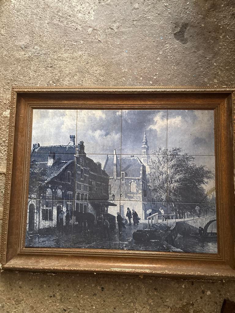 Antieke Delfts Blauwe Tegeltableau met Stadsgezicht, Ophalen