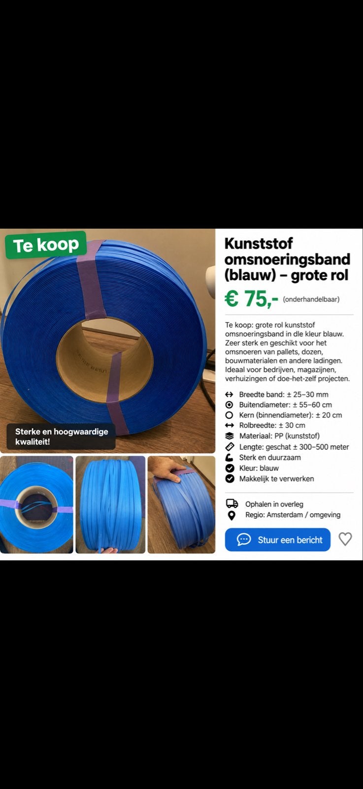 Grote rol blauwe kunststof omsnoeringsband (300-500m), Doe-het-zelf en Verbouw, Ophalen of Verzenden