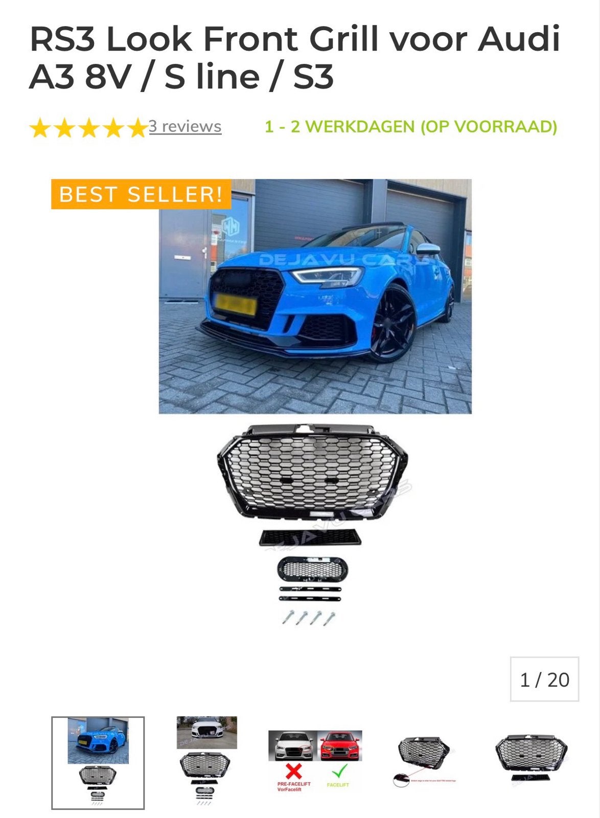 RS3 Look Front Grill voor Audi A3 8V / S line / S3, Ophalen