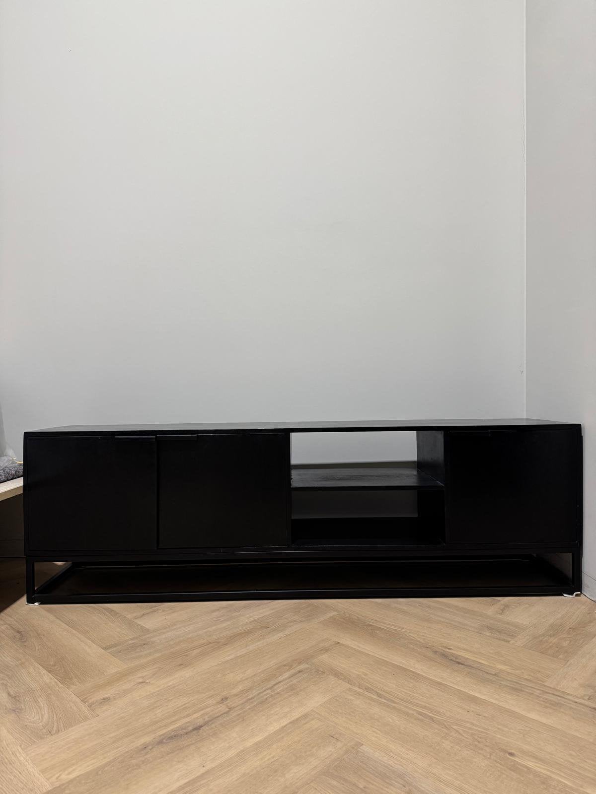 Zwart TV meubel Loods 5 mangohout, Ophalen, 150 tot 200 cm, Zo goed als nieuw, Minder dan 100 cm