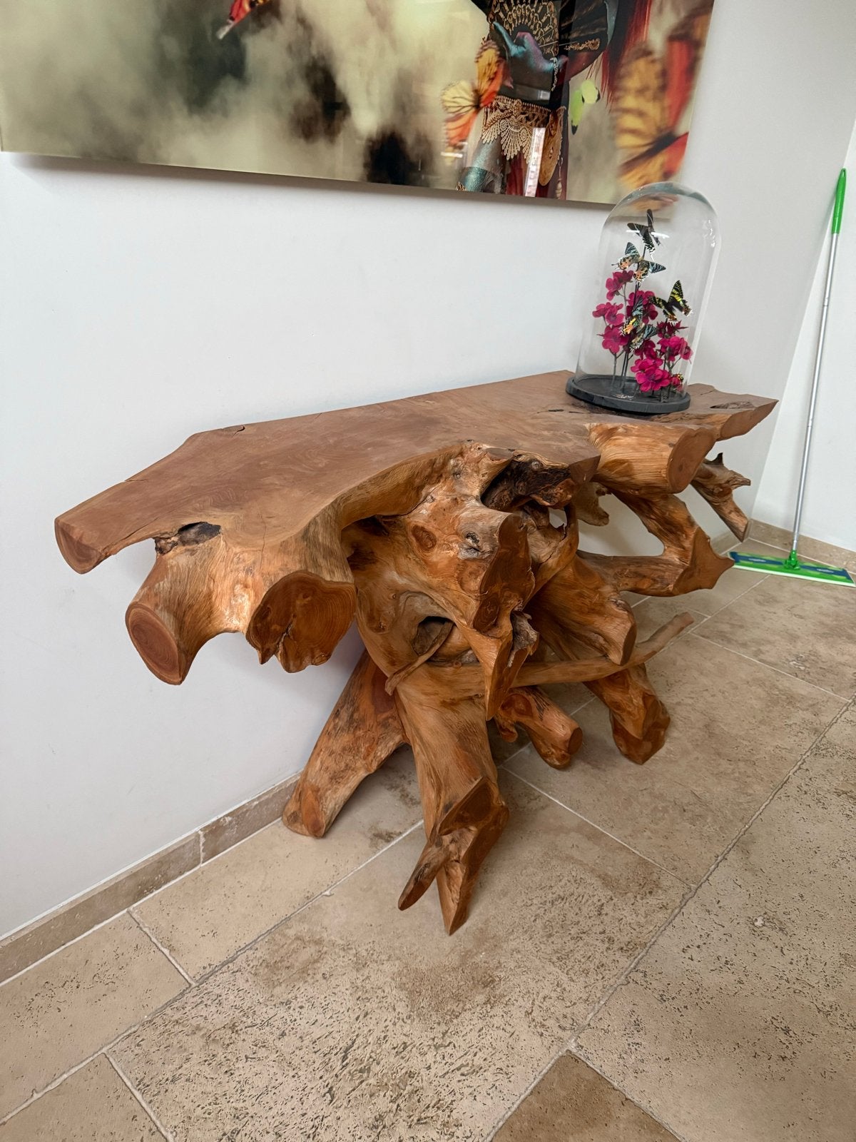 Boomstamtafel met 2 krukken van massief hout, Ophalen, 100 tot 150 cm, Zo goed als nieuw, Overige vormen