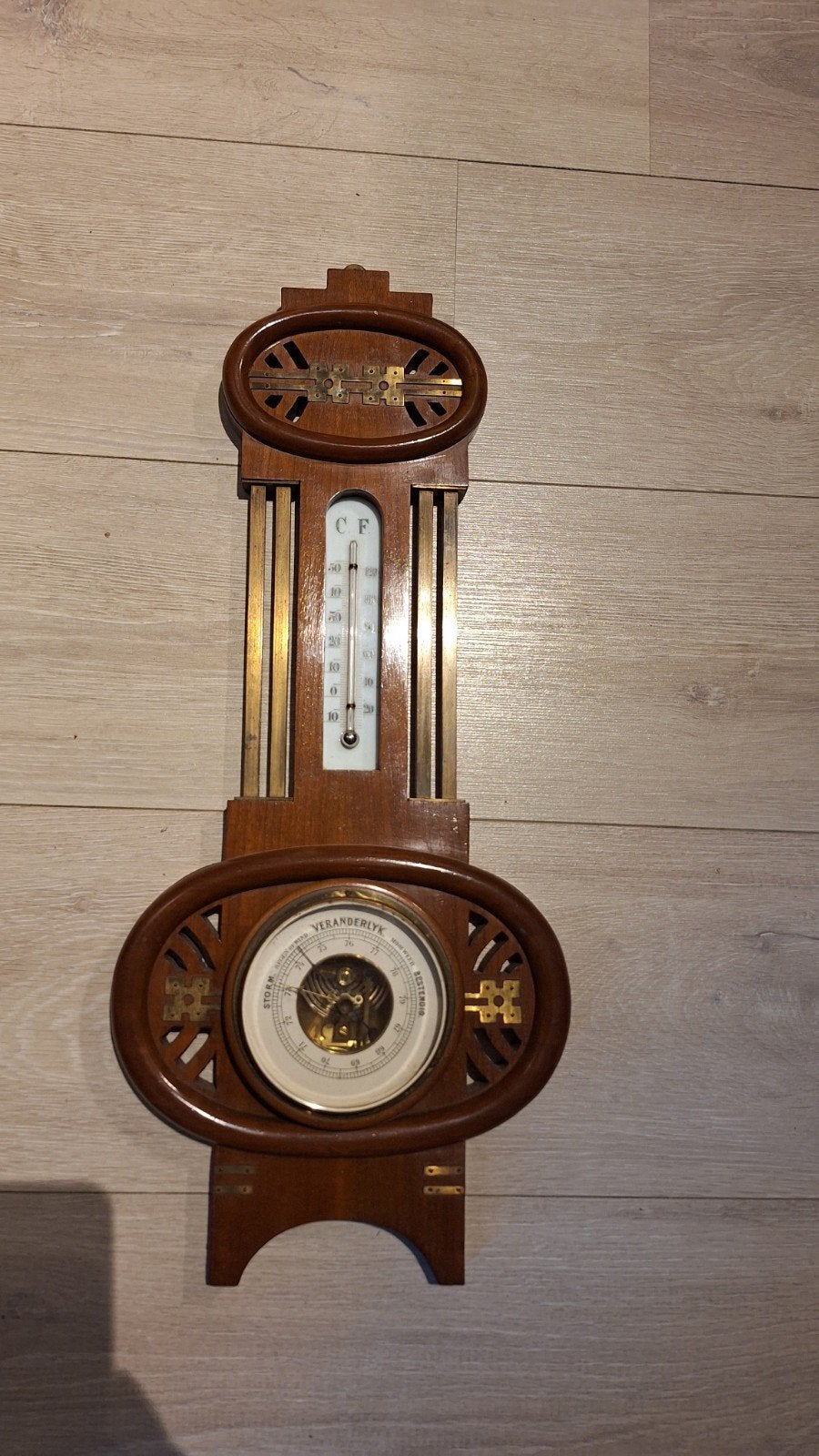 Antieke Barometer en Thermometer - Hout en Messing, Ophalen, Gebruikt, Weerstation