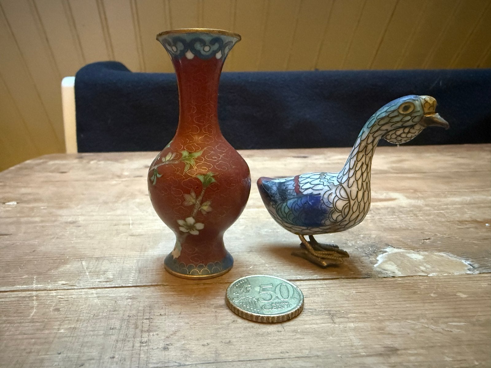 Vintage cloisonné vaasje en eendje, Ophalen of Verzenden