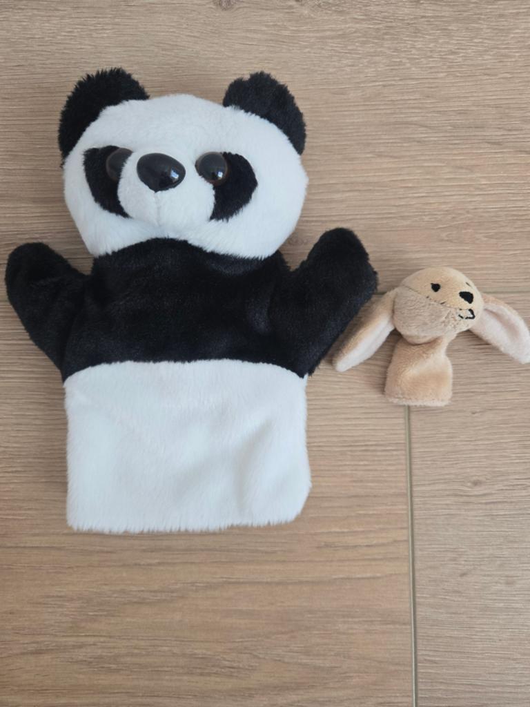 Panda handpop en konijn vingerpopje, Kinderen en Baby's, Speelgoed | Knuffels en Pluche, Ophalen, Gebruikt, Zwart, Overige typen