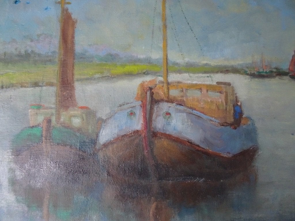 SCHILDERIJ (ERF STUK) OLIEVERF OP DOEK HAVENGEZICHT, Ophalen of Verzenden