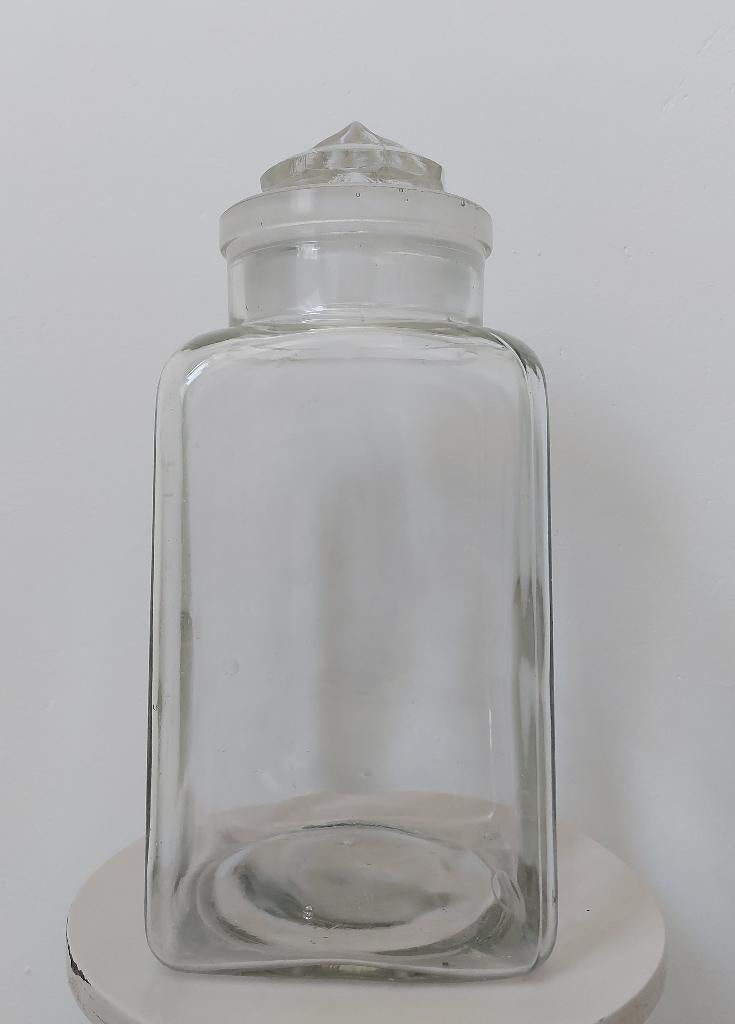 Oude glazen vierkante voorraadpot met stop, Overige typen, Ophalen of Verzenden, Zo goed als nieuw, Glas
