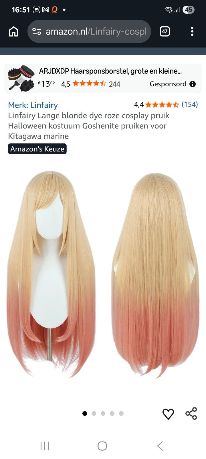 Lange , blonde dye roze Cosplay pruik., Carnaval, Goshenite, Maat 46/48 (XL) of groter, Nieuw