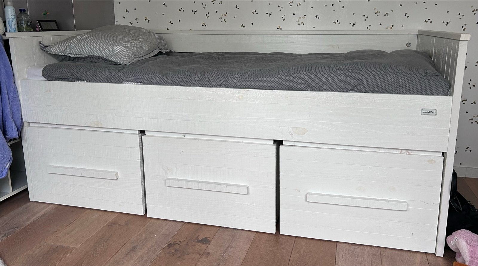 Wit eenpersoonsbed met lades - merk Coming, Ophalen, 90 cm, Eenpersoons, Wit