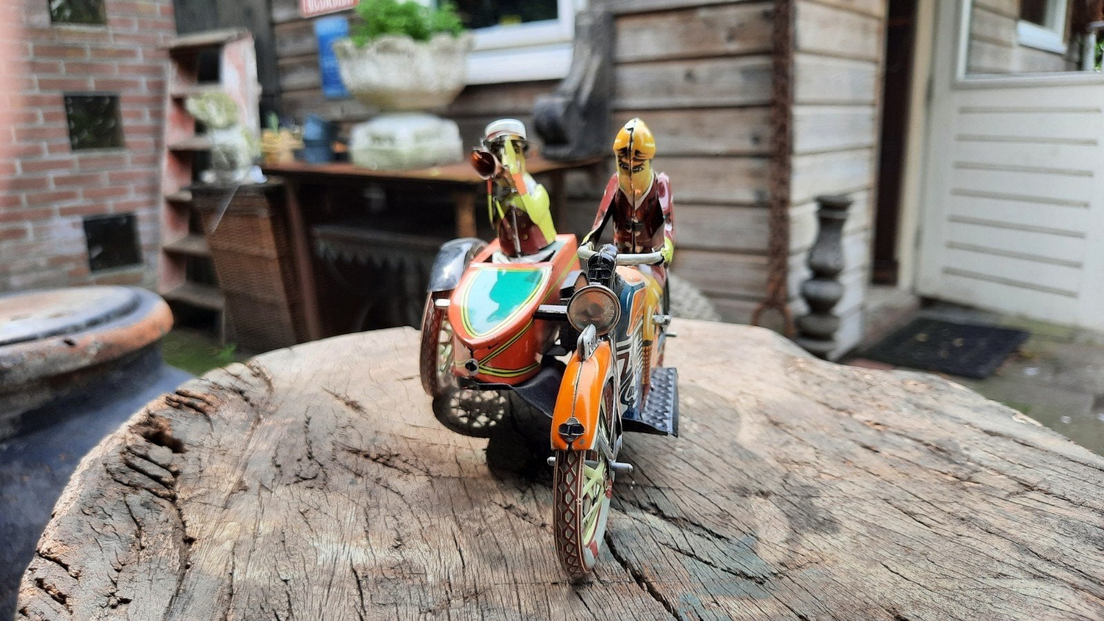Vintage Blikken Motor met Zijspan - Decoratief Speelgoed, Verzamelen, Speelgoed, Ophalen of Verzenden, Gebruikt