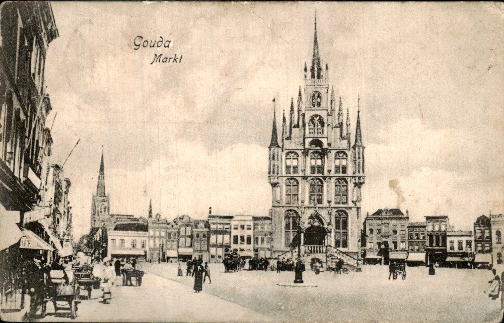 Gouda - Markt - Stadhuis, Verzamelen, Ansichtkaarten | Nederland, Gelopen, Zuid-Holland, Voor 1920, Ophalen of Verzenden