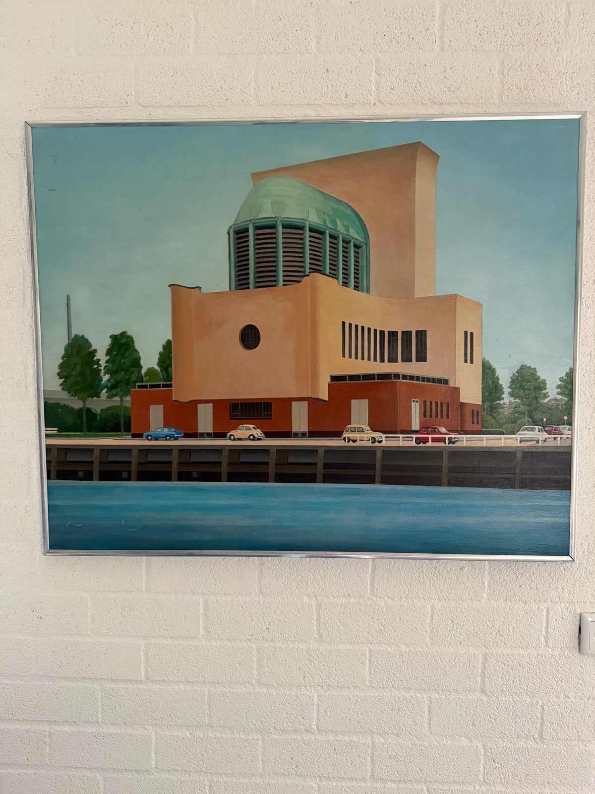 Schilderij 'Ventilatiegebouw Maastunnel Zuidzijde' (1975), Doek, Realistisch, Ophalen of Verzenden, Handgeschilderd