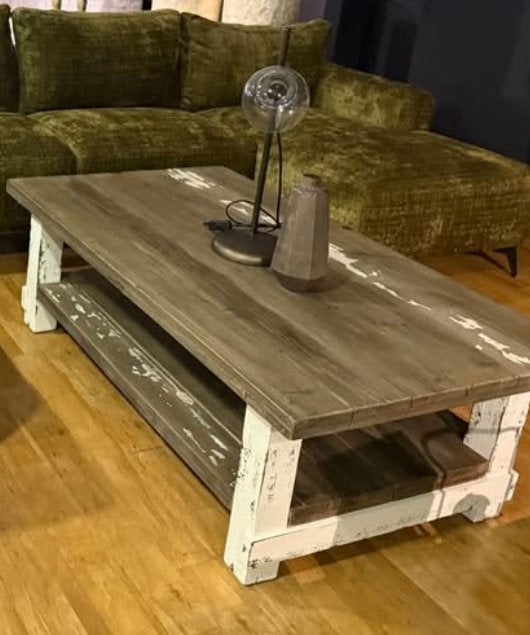 Robuuste houten salontafel met wit onderstel, Ophalen, Gebruikt, 100 tot 150 cm, 50 tot 100 cm