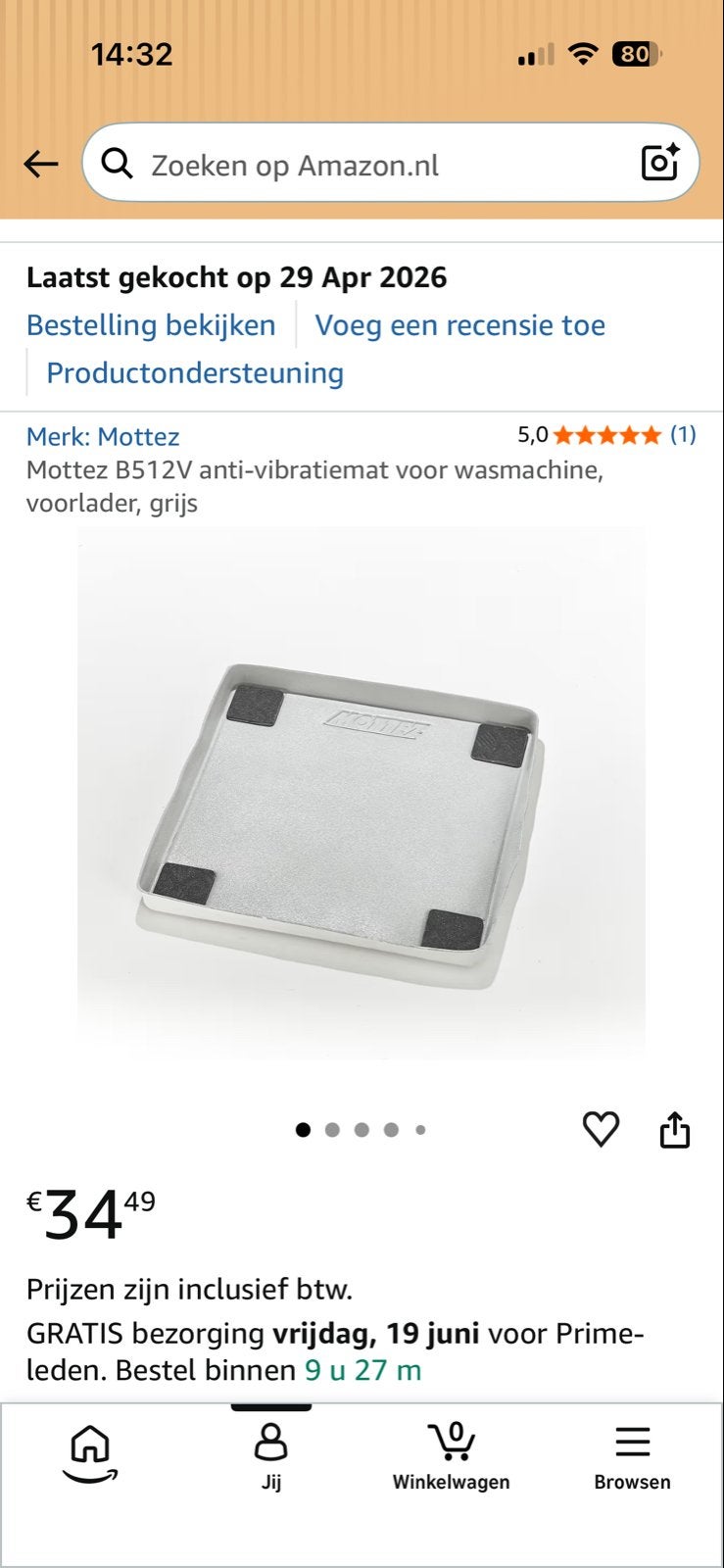 Mottez B512V anti-vibratiemat voor wasmachine, grijs, lekbak, Ophalen, Nieuw, Voorlader, Minder dan 85 cm