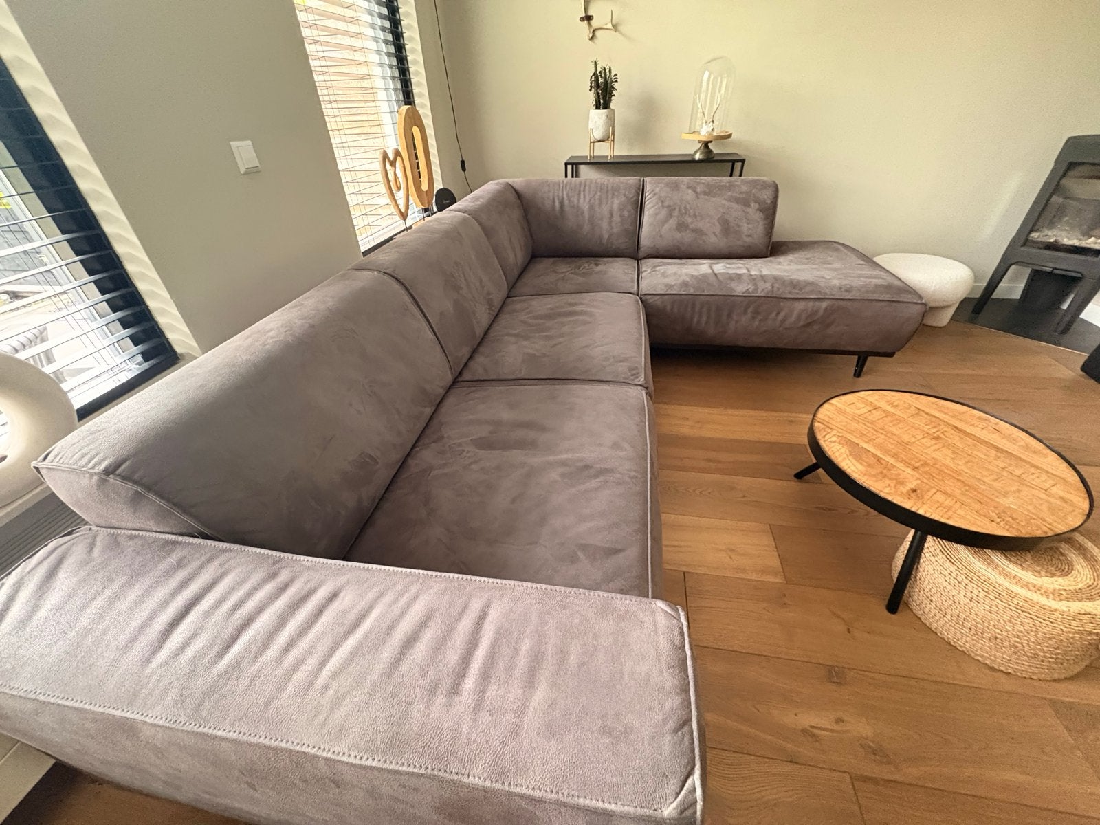 Mooie hoekbank met longchair rechts - grijs/groen ecoleder, Ophalen, 250 tot 300 cm, Hoekbank, Leer