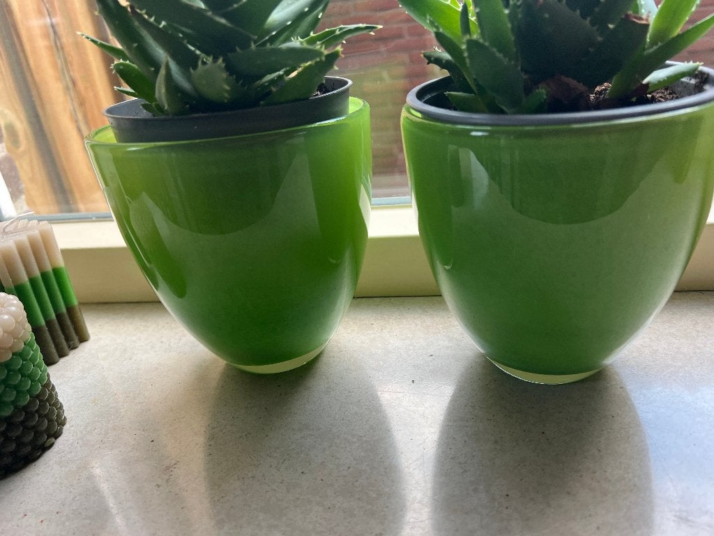 2 x bloempot glas knal groen 14 cm H en 14 cm doorsnede, Overige materialen, Rond, Binnen, Ophalen of Verzenden