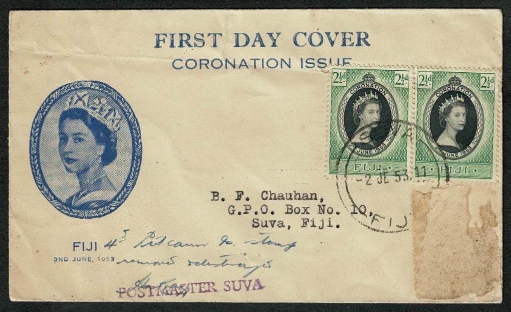 Royalty : Queen Elizabeth II Coronation FDC - 2.6.1954 Fiji, Ophalen of Verzenden, Gebruikt, Buitenland, Kaart, Foto of Prent