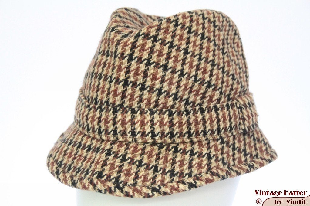 Vintage Vissershoed beige en bruin tweed 56,5 buckethat, Ophalen of Verzenden, Gedragen, 56 of 57 cm (M, 7 of 7⅛ inch), Hoed