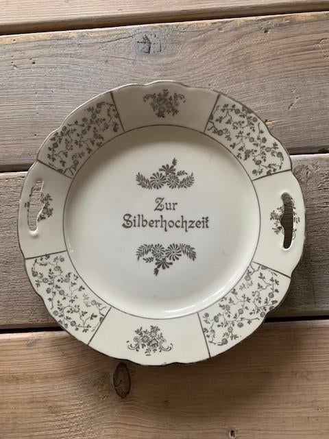 Groot brocante bord. Herinnering aan zilveren huwelijk, Antiek en Kunst, Ophalen