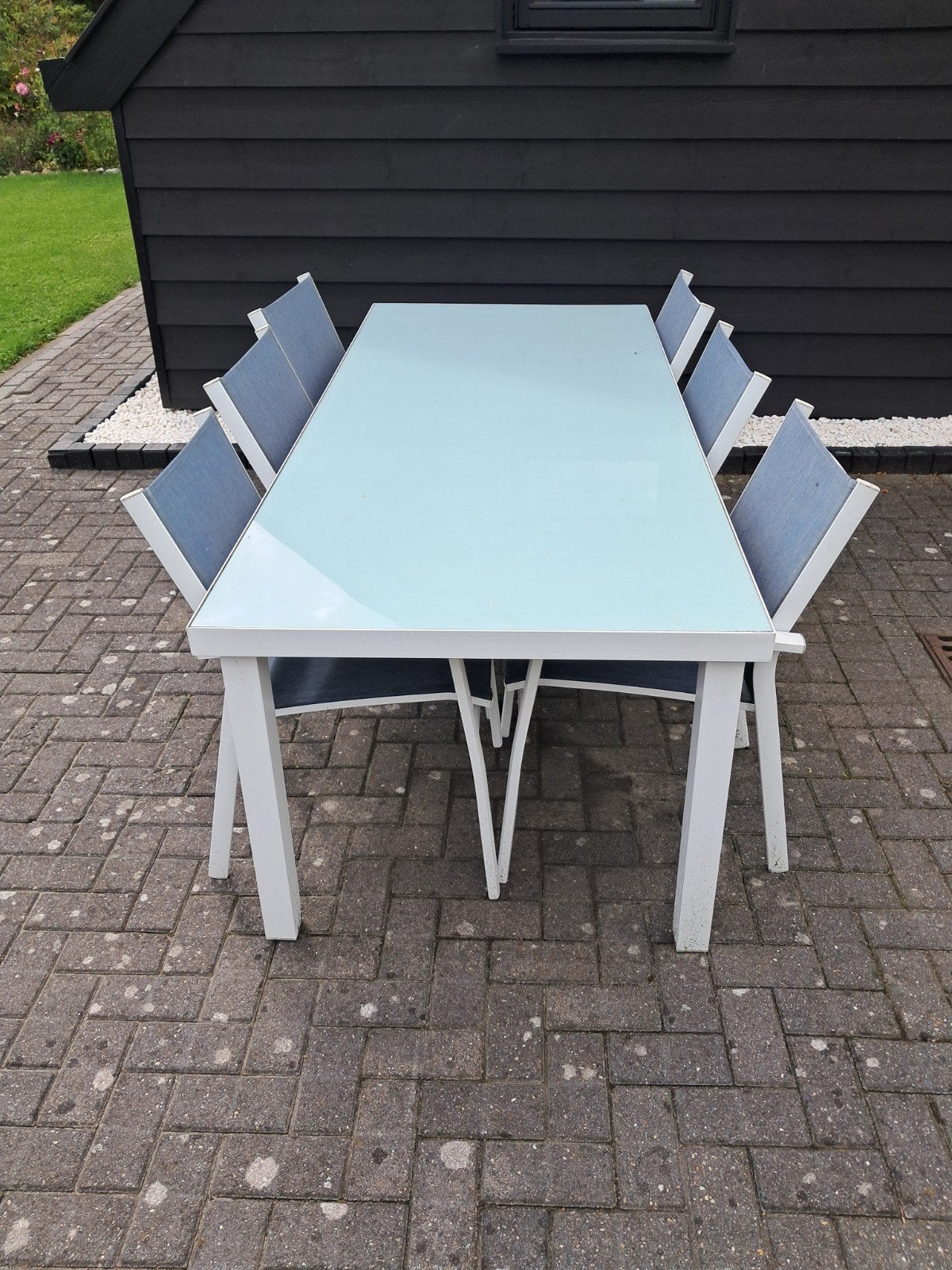 Moderne tuinset met 6 stoelen en glazen tafel, Tuin en Terras, Ophalen, Gebruikt, 6 zitplaatsen, Aluminium