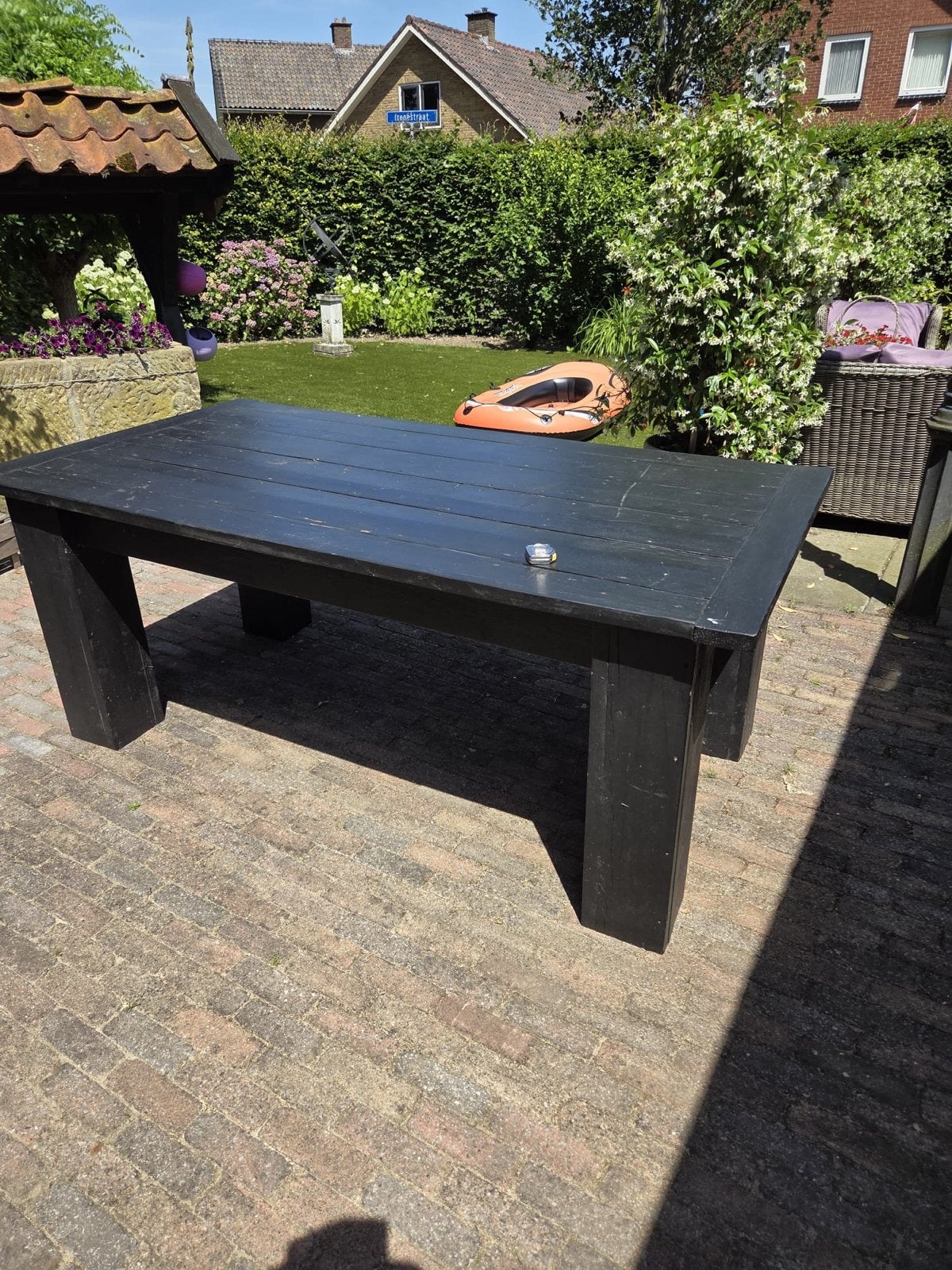 Zwarte houten tuintafel met extra blokken voor hoogte, Tuin en Terras, Ophalen, Gebruikt, Rechthoekig, Hout