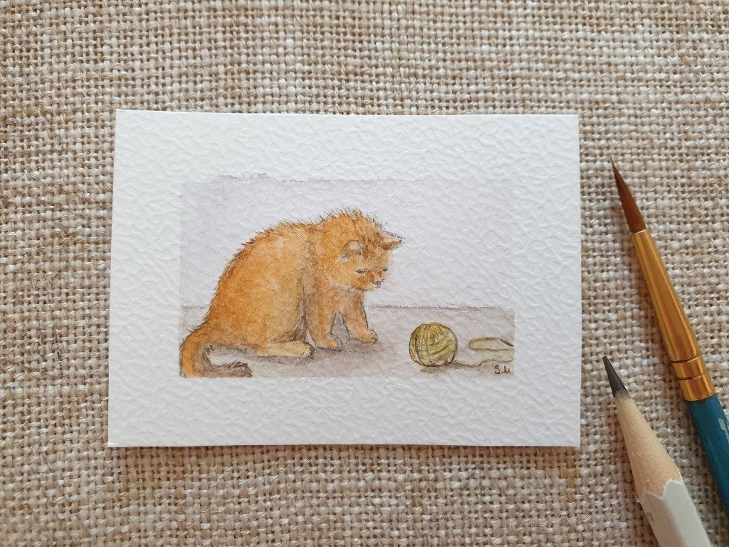 Mini aquarel tekening kitten 5x7 cm dierenportret, Ophalen, Minder dan 50 cm, Nieuw, 5 – 50