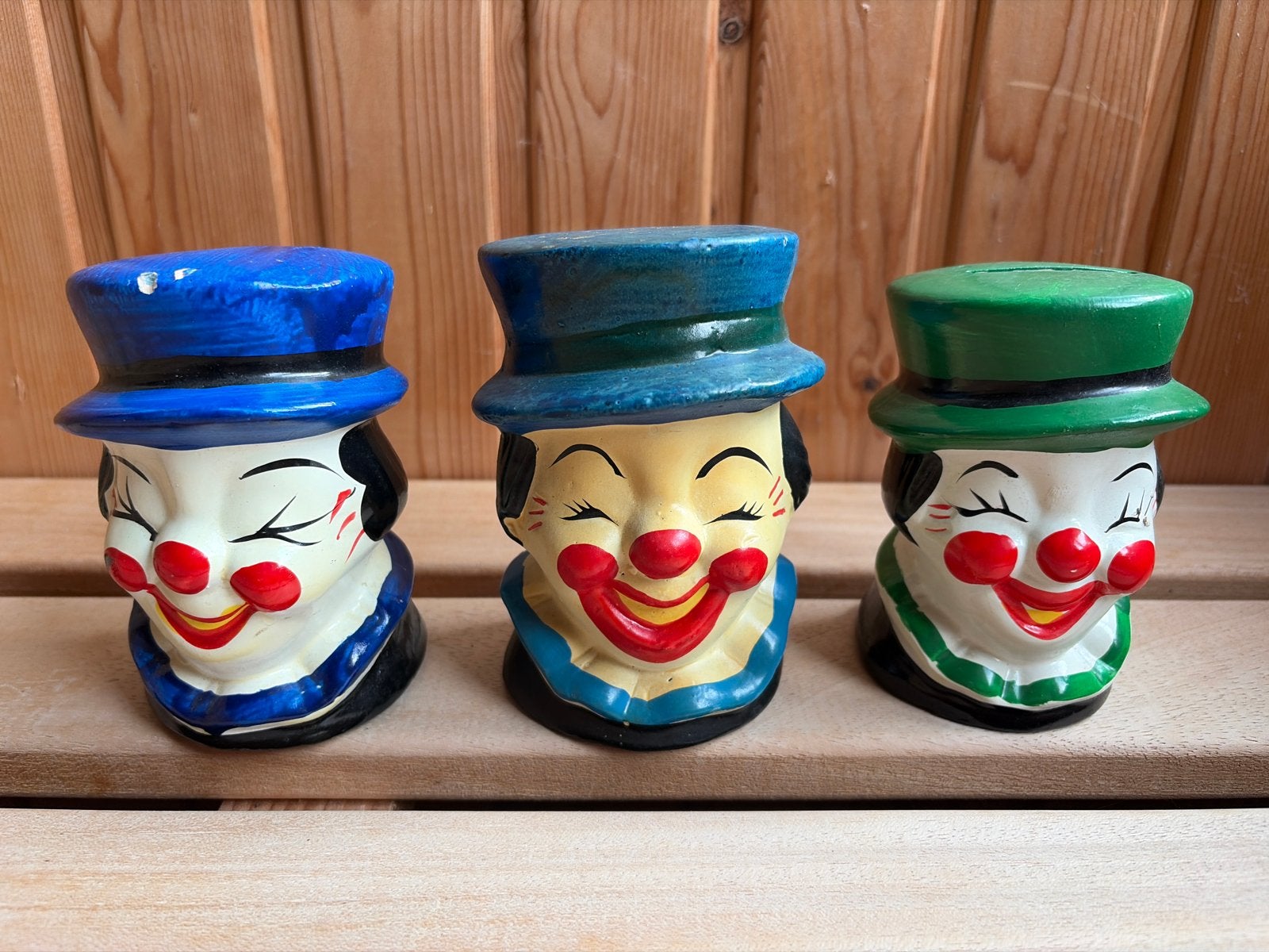 Set van 3 Vintage Clown spaarpotten, Ophalen, Gebruikt, Steen, Aardewerk of Keramiek, Overige thema's
