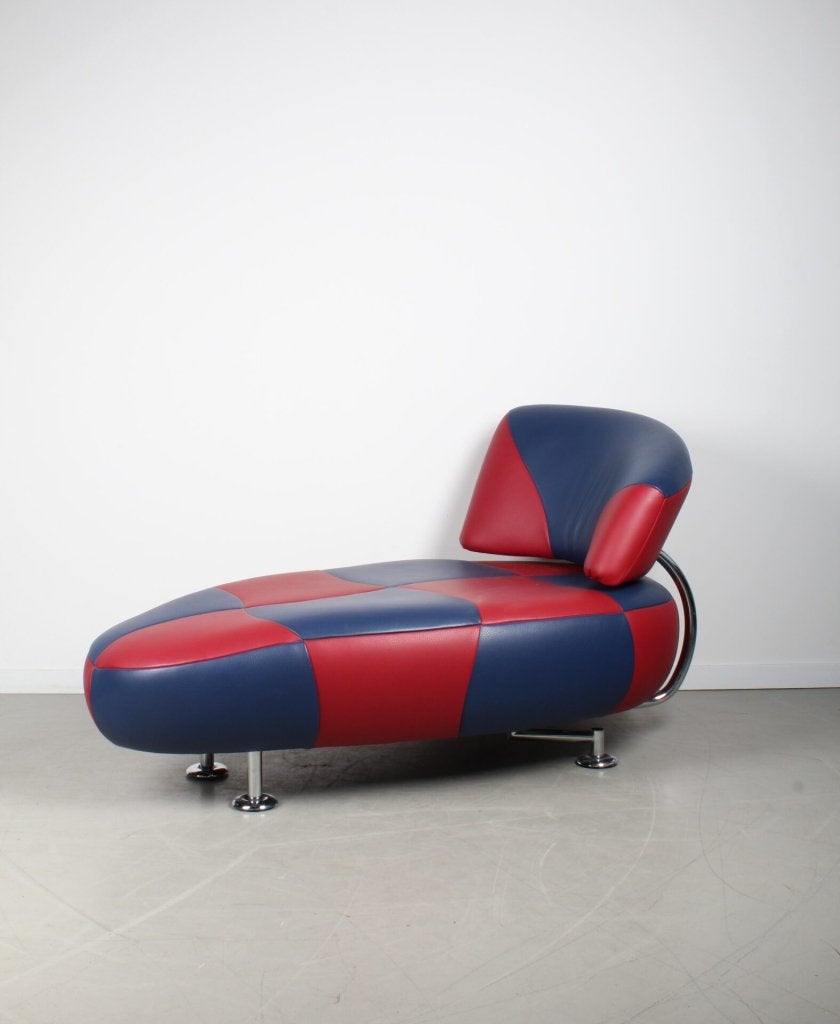 Leolux Kikko Chaise Longue Fauteuil Blauw/Rood Leer, Niet ingevuld, Leolux, Niet ingevuld, Zo goed als nieuw