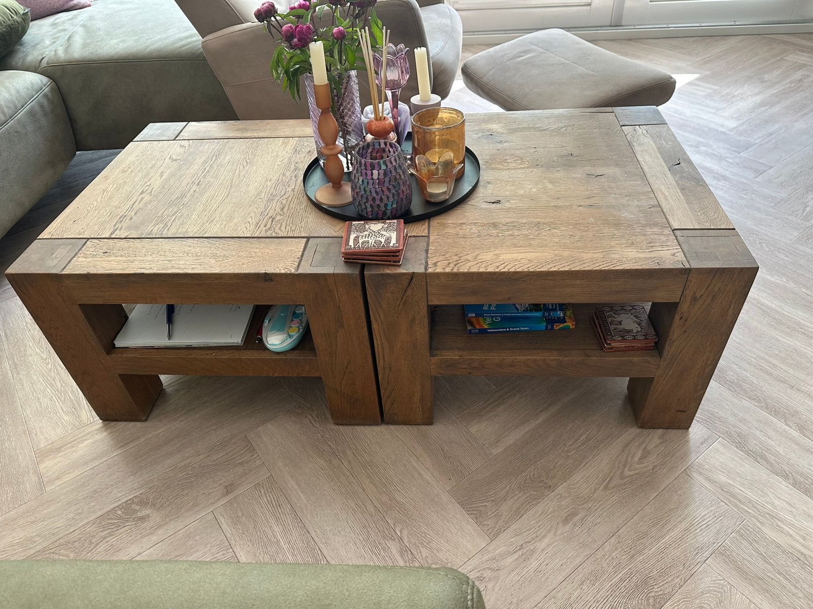 Eikenhouten salontafels, Ophalen, 50 tot 100 cm, Zo goed als nieuw, Eikenhout