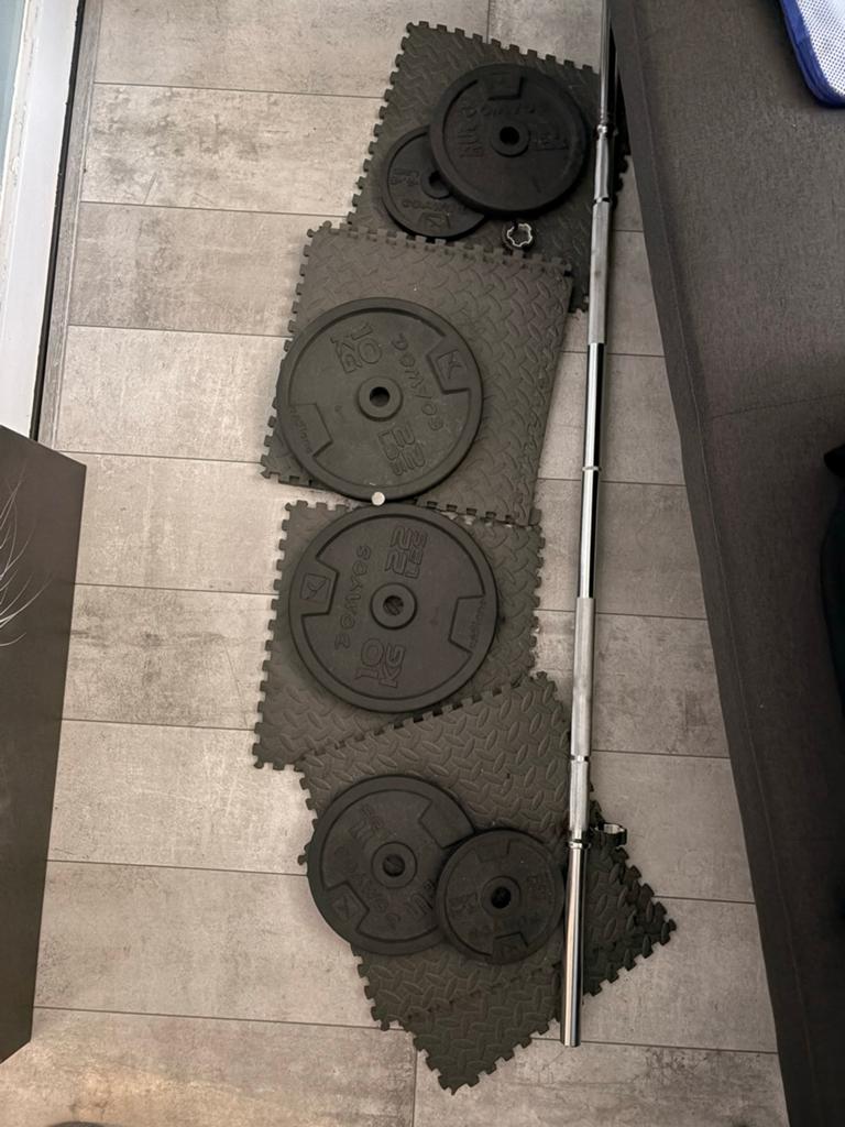 Halterset Domyos 10kg, 5kg, 2.5kg schijven met stang, Ophalen, Zo goed als nieuw, Armen, Halterset