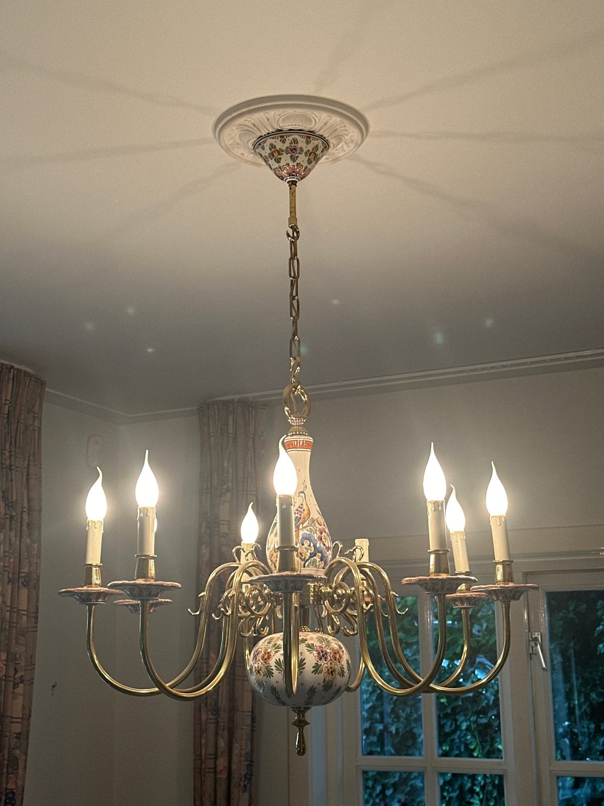 Prachtige 9 armige kroonluchter met Delfts blauw decor, Antiek en Kunst, Antiek | Lampen, Ophalen