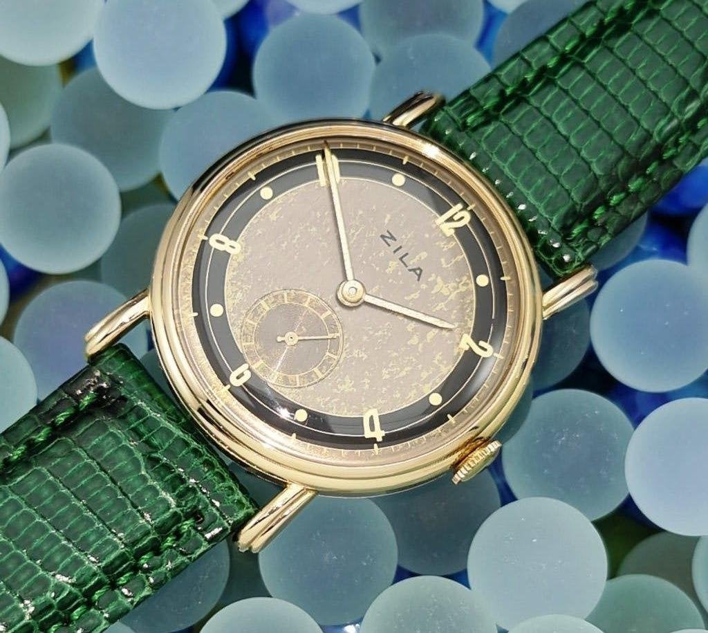 Zila Swiss Vintage Nieuw NOS 1950’s met Stardust wijzerplaat, Leer, Staal, Polshorloge, Nieuw