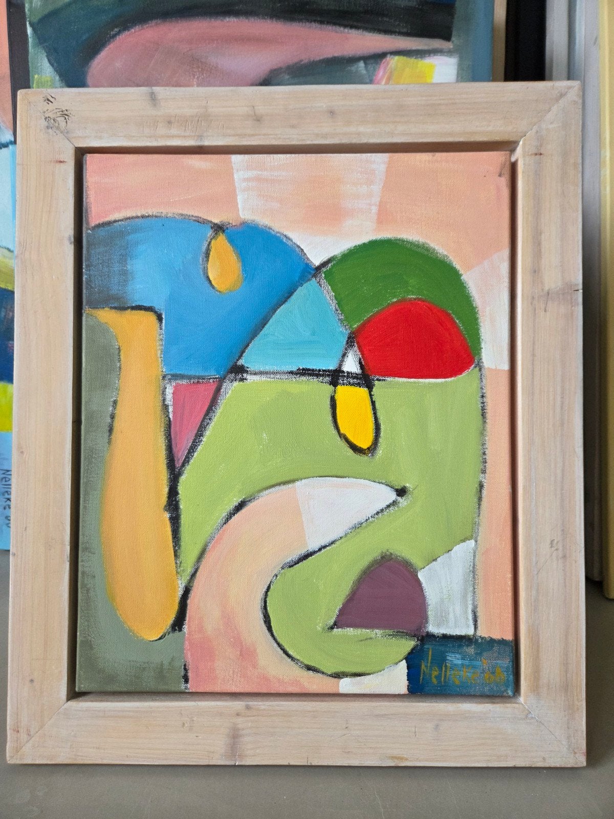 Expressief Schilderij in Houten Lijst (53x63 cm), Ophalen