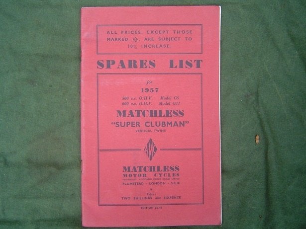 Matchless 1957 G9 500cc G11 600cc motorcycle parts list, Ophalen of Verzenden, Overige merken