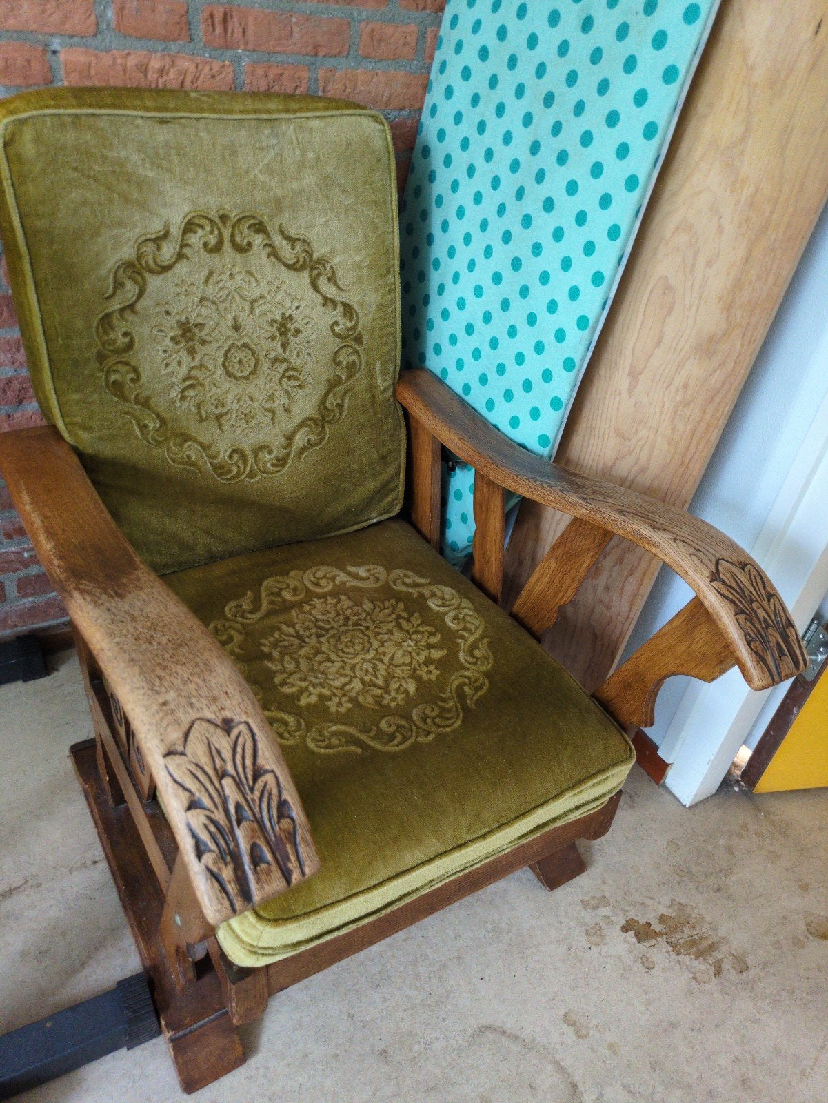Vintage Schommelstoel met Groene Bekleding, Antiek en Kunst, Ophalen