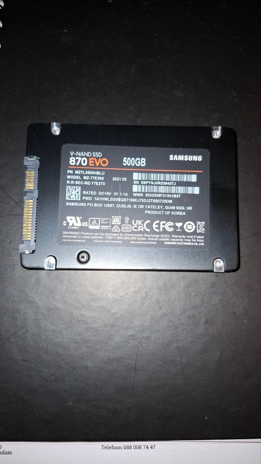 Samsung 870 EVO V-NAND SSD 500GB, Computers en Software, Intern, Ophalen of Verzenden, Zo goed als nieuw, Samsung