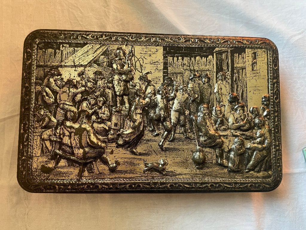 vintage Belgische "Teniers" koekjestrommel, Verzamelen, Blikken, Ophalen of Verzenden, Overige