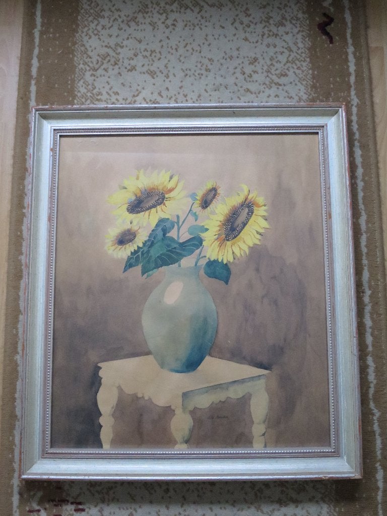 mooie aquarel met zonnebloemen gesigneerd 63/55cm ingelijst, Ophalen of Verzenden