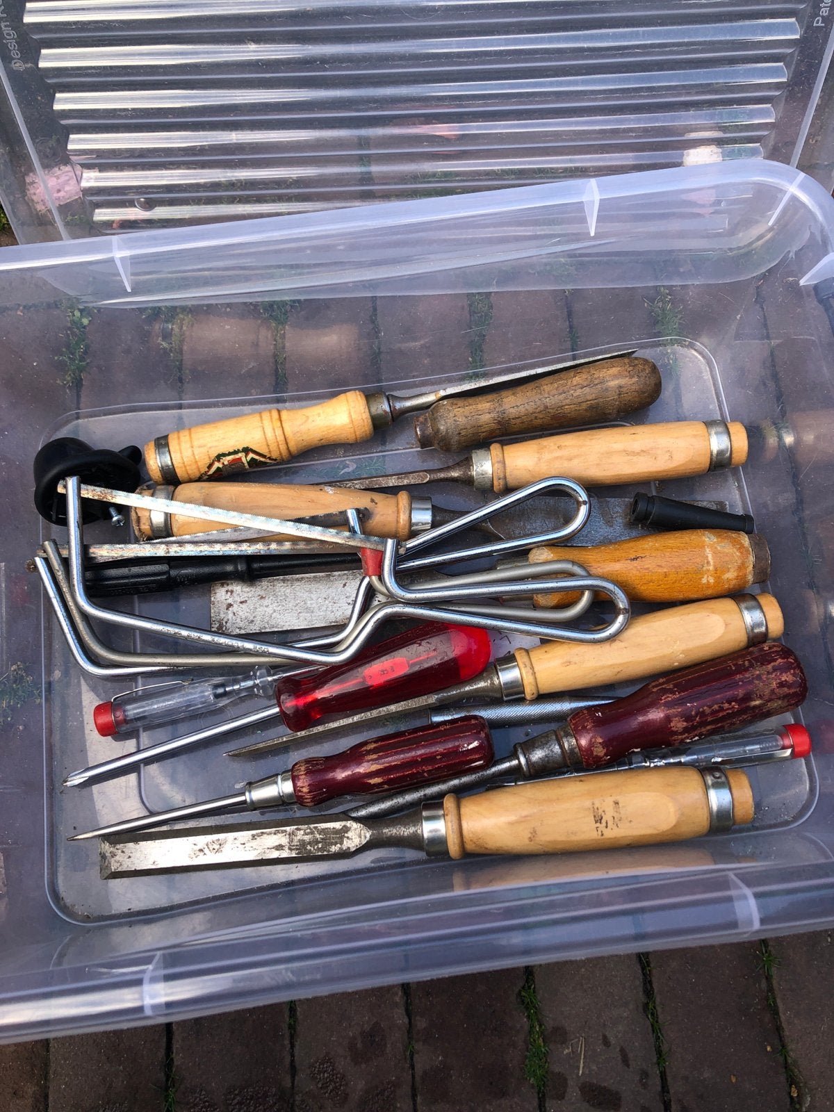 Diverse handgereedschap in opbergbox, Ophalen, Gebruikt