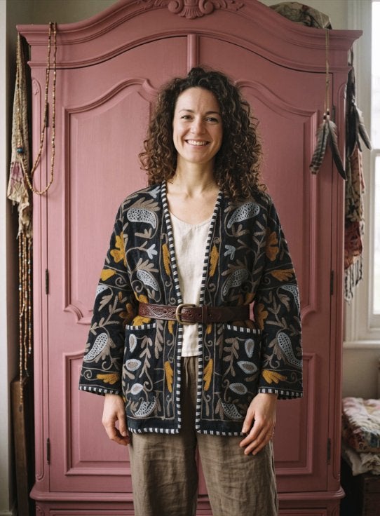 Zwart Geborduurde Fluwelen handgemaakte Suzani Kimono Jas, Kleding | Dames, Verzenden, Nieuw, Jipsingbourtangerweg 155, Suzani