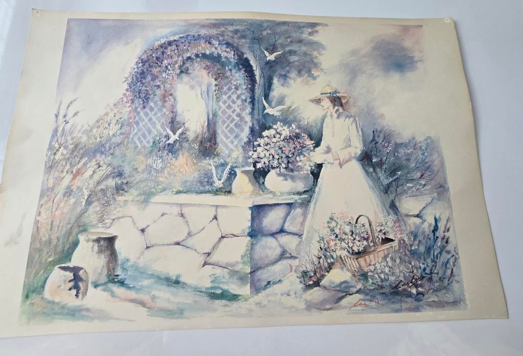 Vintage aquarel print van dame in tuin - H 39 x B 58 cm, Antiek en Kunst, Kunst | Tekeningen en Foto's, Ophalen of Verzenden
