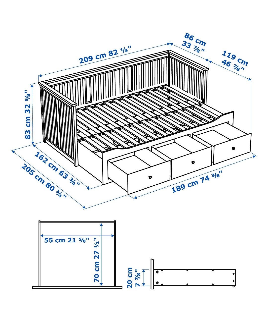 IKEA Hemnes Bedbank met 3 lades - Wit, Gebruikt, Modern, Scandinavisch, Wit, Tweepersoons