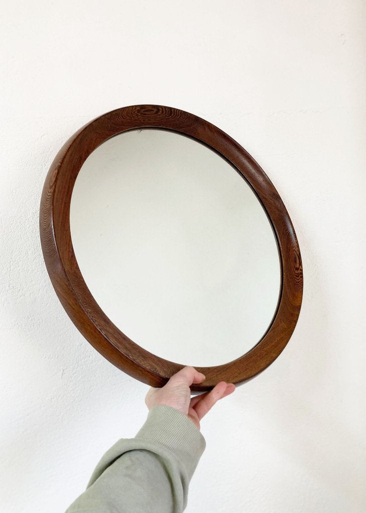 Ronde vintage spiegel in houten lijst, Scandinavisch/Deens?, Ophalen, Minder dan 50 cm, O, O