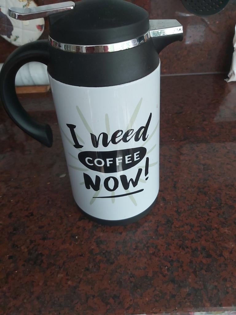 Thermoskan "I need coffee NOW!" - Wit/Zwart, Kunststof, Ophalen of Verzenden, Wit, Overige typen