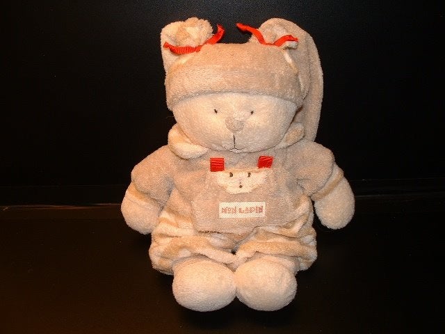 NICOTOY KONIJN MON LAPIN ZACHTE BADSTOF ECRU BEIGE ROOD, Kinderen en Baby's, Speelgoed | Knuffels en Pluche, Wasbaar, Middelgroot (20 tot 80 cm)