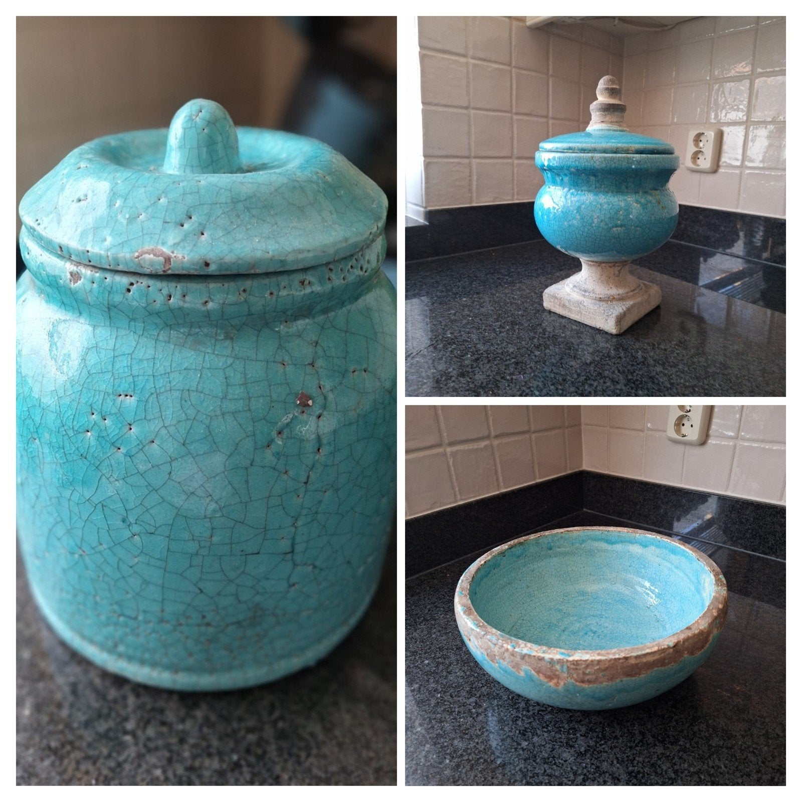 3x Stenen Geglazuurde Kruik/Pot en Schaal, Tuin en Terras, Bloembakken en Plantenbakken, Ophalen, Steen, Minder dan 30 cm, Rond
